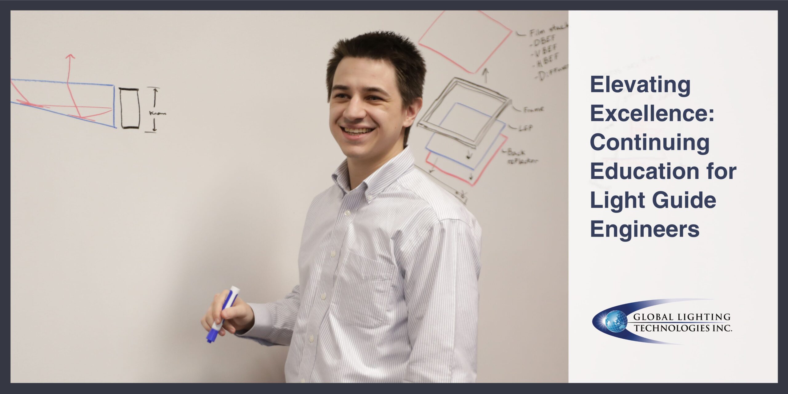 GLT team member stands in front of a whiteboard with writing on it