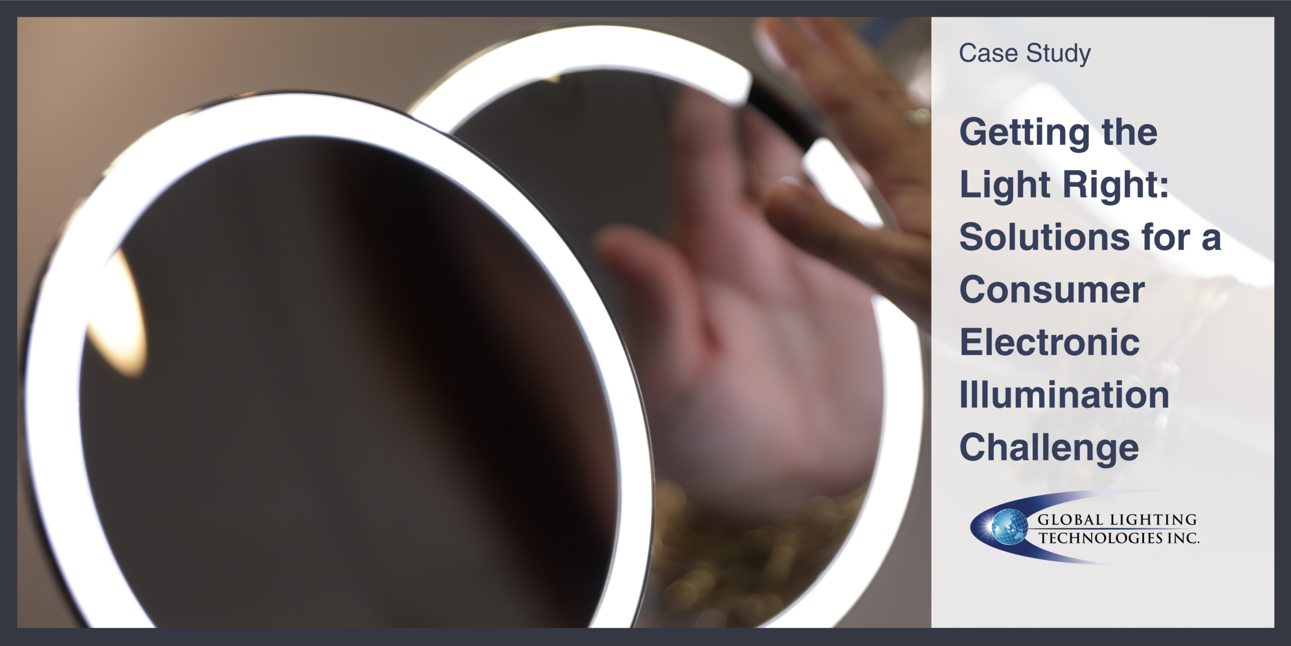 A woman’s hand reaches out to touch a beauty mirror that has an illuminated ring around the outside.