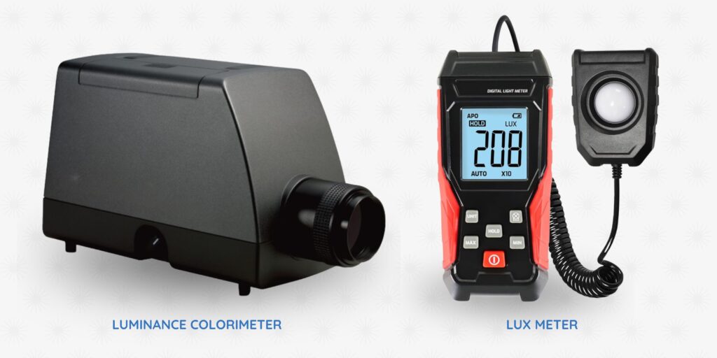 a black, rectangular device known as a luminance colorimeter and a black and orange hand-held lux meter.